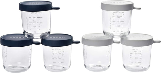 BEABA szklany pojemnik słoiczek 250 ml, zestaw pojemników na żywność z miarką, szkło i szczelna pokrywka