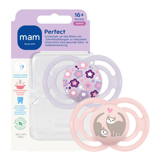 MAM Perfect smoczek uspokajający silikonowy 16m+ x2, ortodontyczny, z cienką szyjką dla zdrowego rozwoju zębów i szczęki