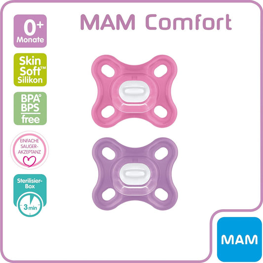 MAM COMFORT smoczek wcześniak noworodek x2 0-6msc, silikonowy, BPA/BPS free ze sterylizatorem