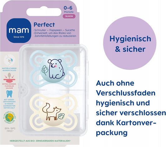 MAM Perfect smoczek uspokajający x2 0-6msc + box, higieniczne silikonowe smoczki ortodontyczne BPA/BPS free
