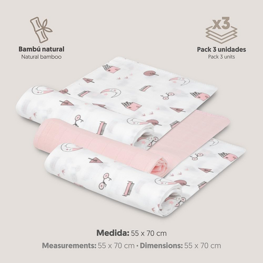 INTERBABY teli avvolgenti mussola x3 bambù cotone 55x70cm