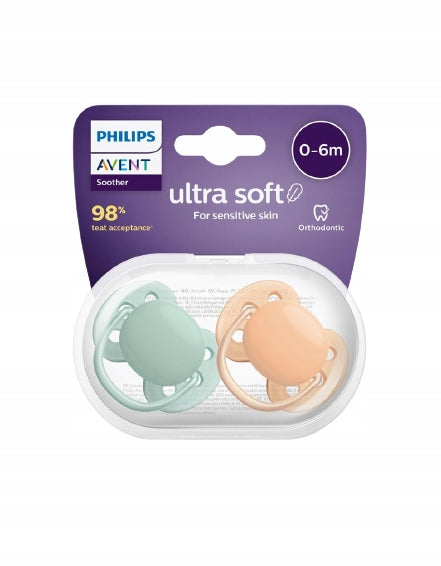 PHILIPS AVENT Ultra Soft smoczki x 2 0-6msc – smoczki uspokajające dla wrażliwej skóry, BPA free