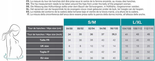 BABYMOOV Dream Belt PAS CIĄŻOWY XS/S tabela rozmiarów pasa ciążowego i pomiaru bioder