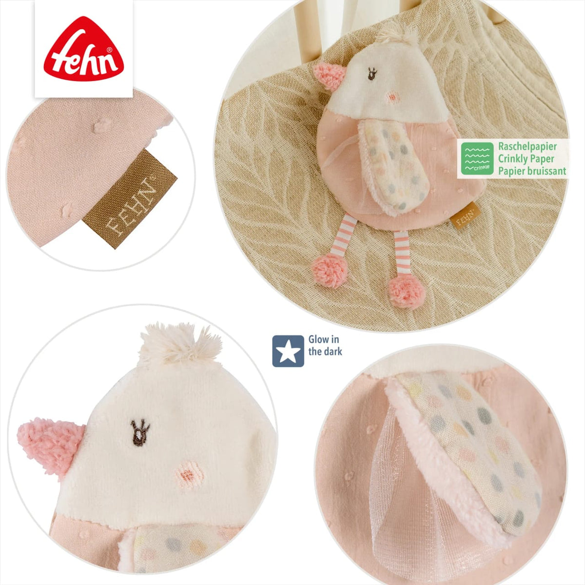 Kolaż Fehn feehnLAND Knister-Vogel – dziecko z zabawką i zbliżenia detali ptaka