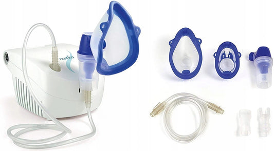 NUVITA INHALATOR, NEBULIZATOR 2 prędkości pracy, biały inhalator z maskami i przewodem, do inhalacji w domu