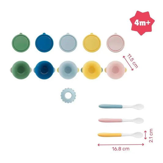 BADABULLE set kommetjes met zuignap en deksels x5 + lepels x3