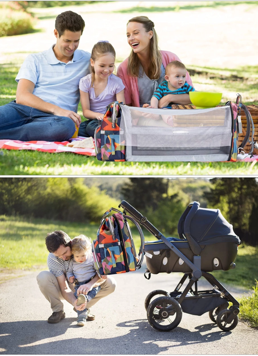 SNDMOR rugzak voor kinderwagen met accessoires en reisbedje