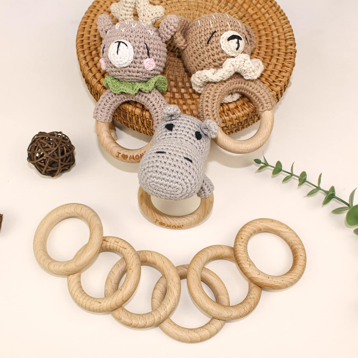 RUBY Handmade handgemaakte houten bijtringen 7 cm 8 stuks