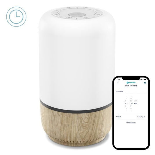 MAXI-COSI Soothe lampka nocna LED z głośnikiem aplikacja Connected Home, biała z drewnem