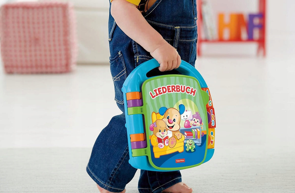 FISHER-PRICE CDH40 elektroniczna książeczka edukacyjna JĘZYK NIEMIECKI dla dzieci 6 m+, niebieska, 22x20 cm