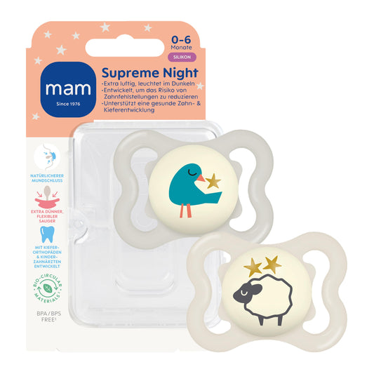 MAM Supreme Night smoczek uspokajający silikonowy 0-6m x2 ŚWIECĄCE, świecący w ciemności zestaw