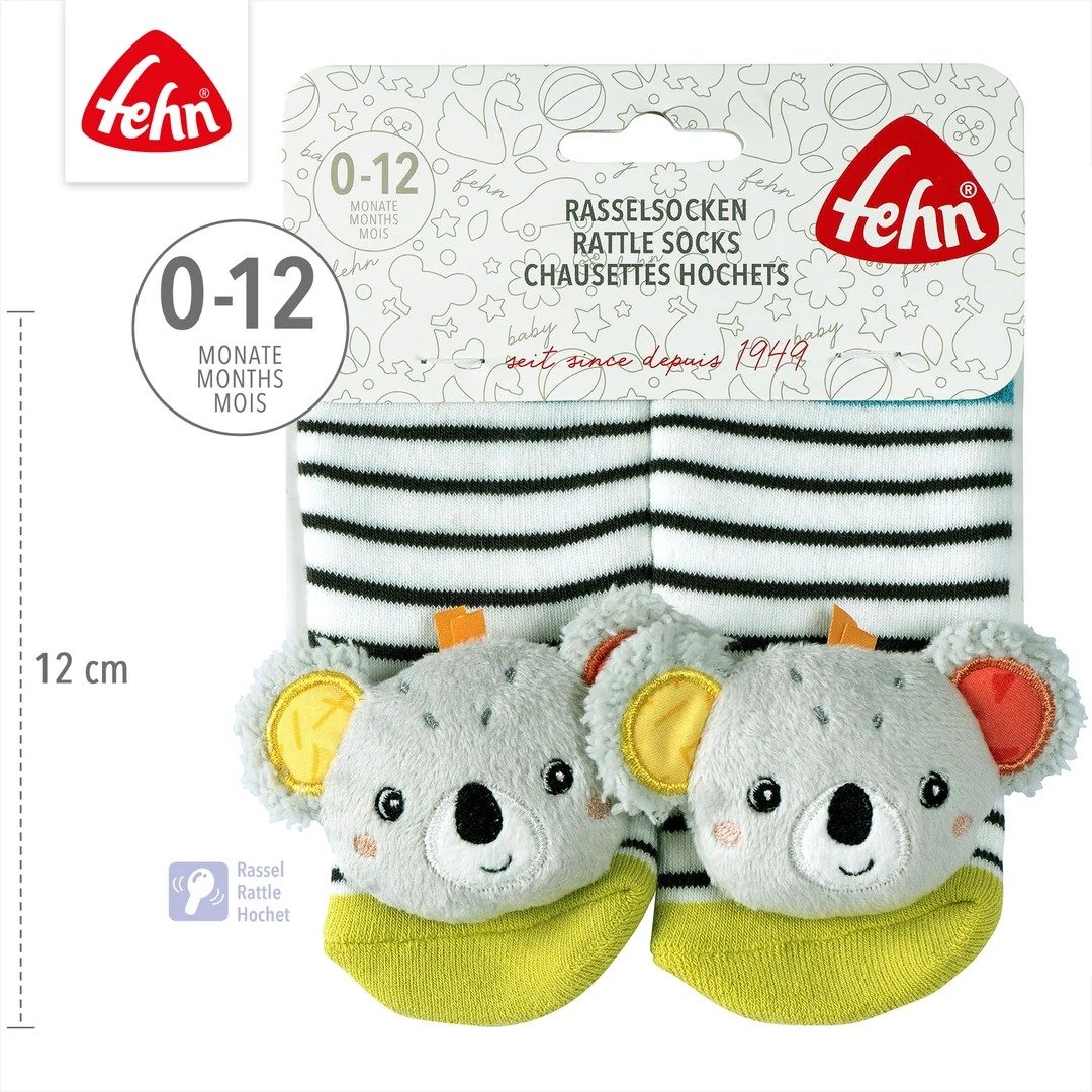 Fehn Koala skarpetki z grzechotką dla dzieci 0-12 miesięcy, miękkie skarpetki dziecięce z koalą