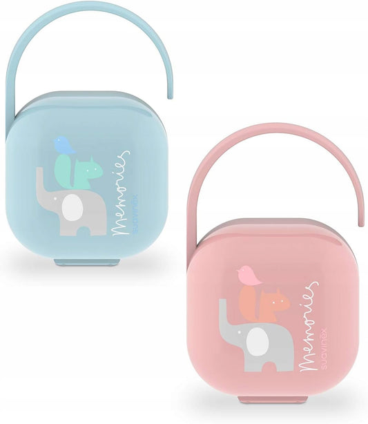 SUAVINEX etui pojemnik na smoczki, praktyczne etui do smoczka w kolorze niebieskim i różowym