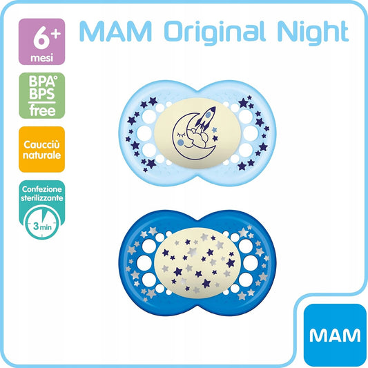 MAM ORIGINAL NIGHT smoczek uspokajający x2 6m+ LATEKS świecący w ciemności, ortodontyczny, BPA/BPS free