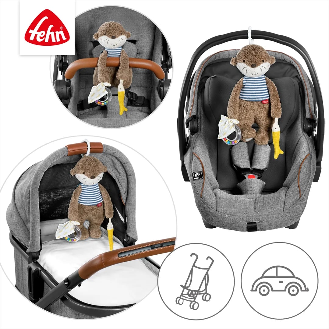 Poglądowy kolaż wydry zawieszonej na pałąkach wózka i fotelika.