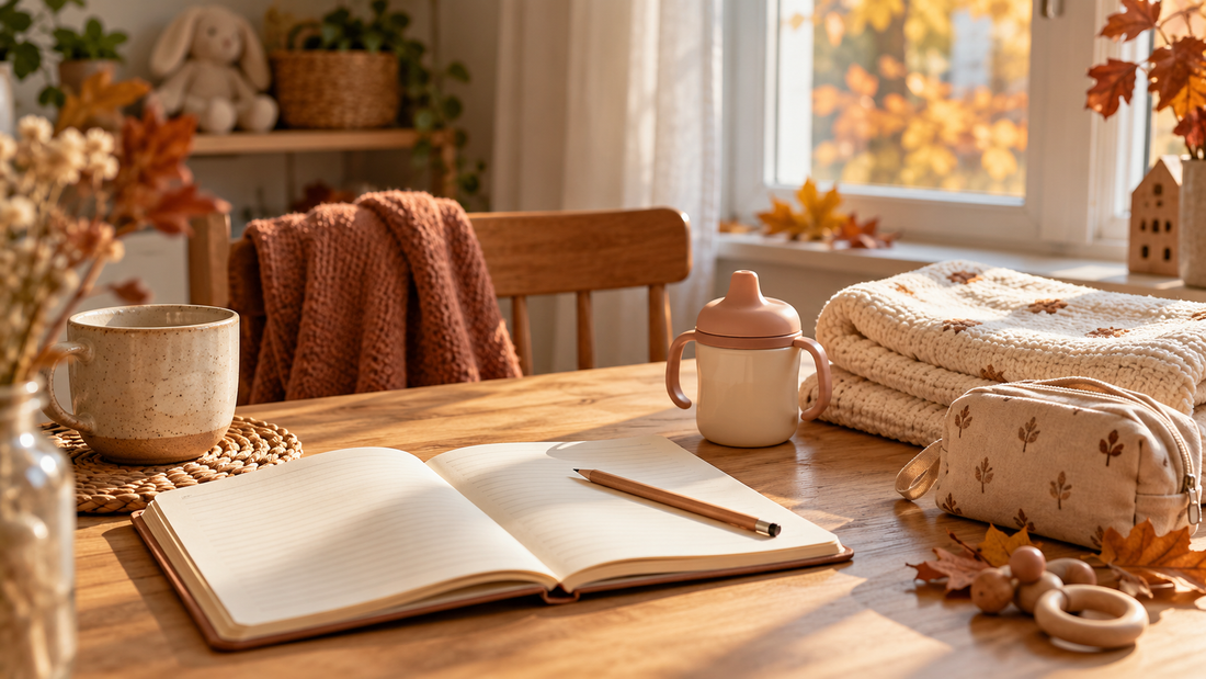 Quaderno aperto e matita su tavolo di legno, accanto tazza per bambini, copertina e pochette in un interno autunnale.