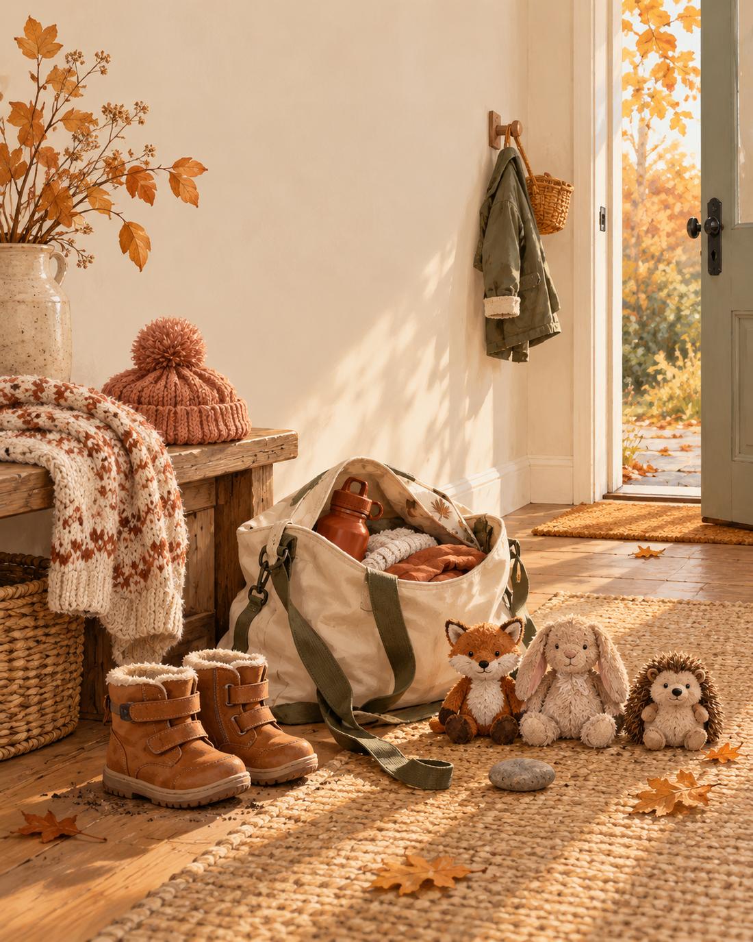 Ingresso autunnale con scarpe da bambino, borsa da passeggio e tre peluche vicino alla porta