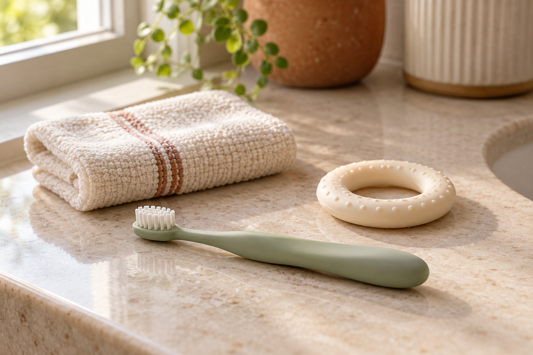 Spazzolino piccolo a setole morbide, semplice massaggiagengive in silicone e panno di cotone pulito su un piano chiaro.