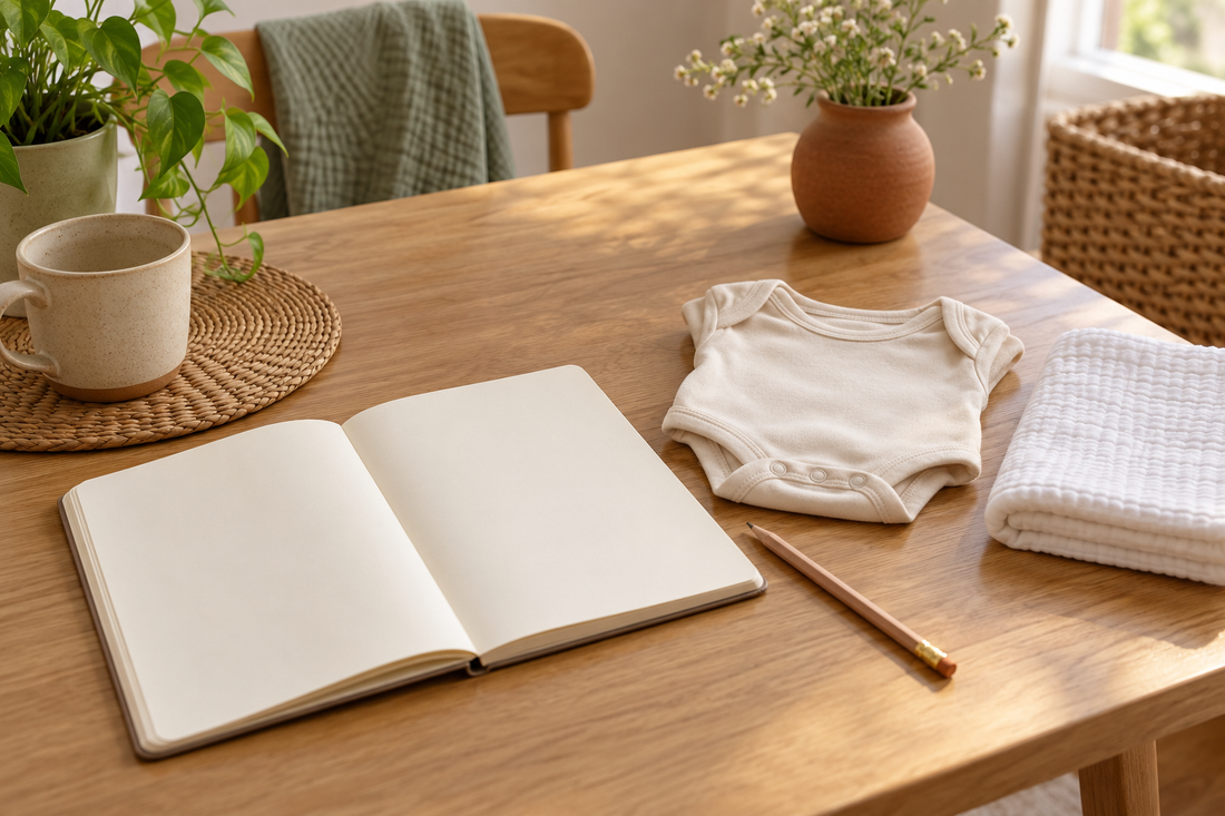 A blank notebook open on a light-coloured table, a simple pencil, a folded nappy and a small baby outfit.
