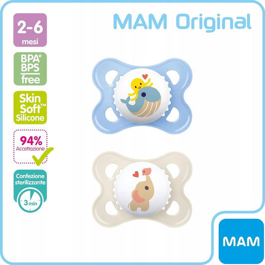 MAM ORIGINAL smoczek uspokajający x2 2-6m, silikonowy, BPA/BPS free, ortodontyczny, z nadrukiem zwierząt.
