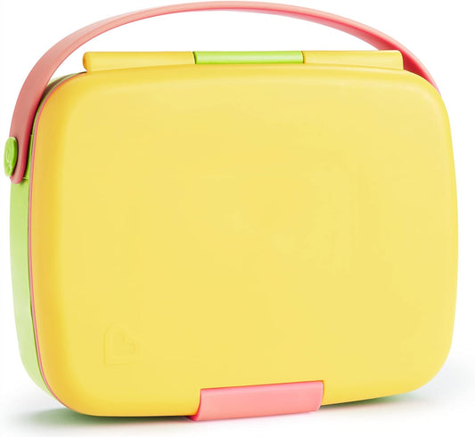 MUNCHKIN Bento Box śniadaniówka + sztućce, 5 komór. Żółto-różowo-zielone pudełko z uchwytem i 5 przegródkami.