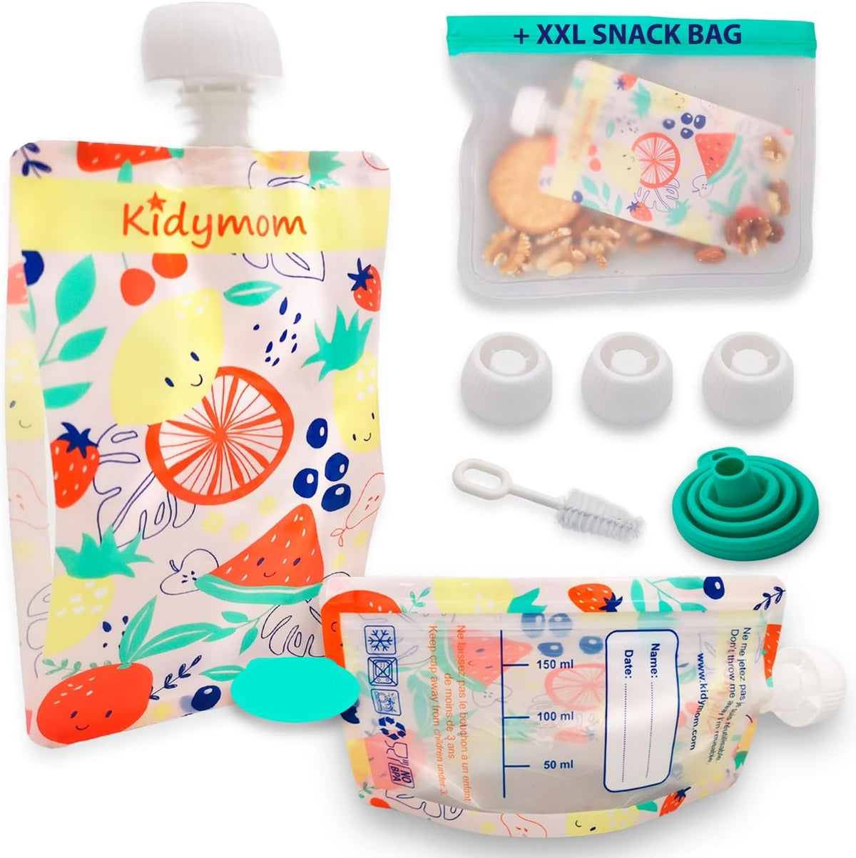 KIDYMOM sachets réutilisables pour compote x7 + accessoires