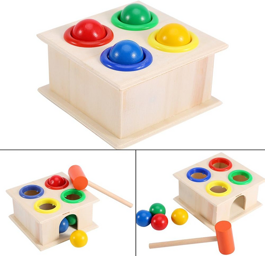 ZERODIS cassetta in legno, martello e palline 11 x 11 x 6 cm