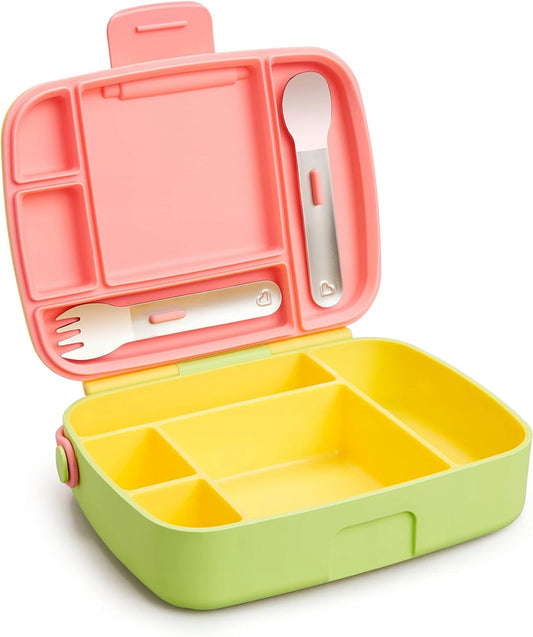 MUNCHKIN Bento Box śniadaniówka + sztućce, 5 komór, różowo-zielono-żółta z 5 przegródkami