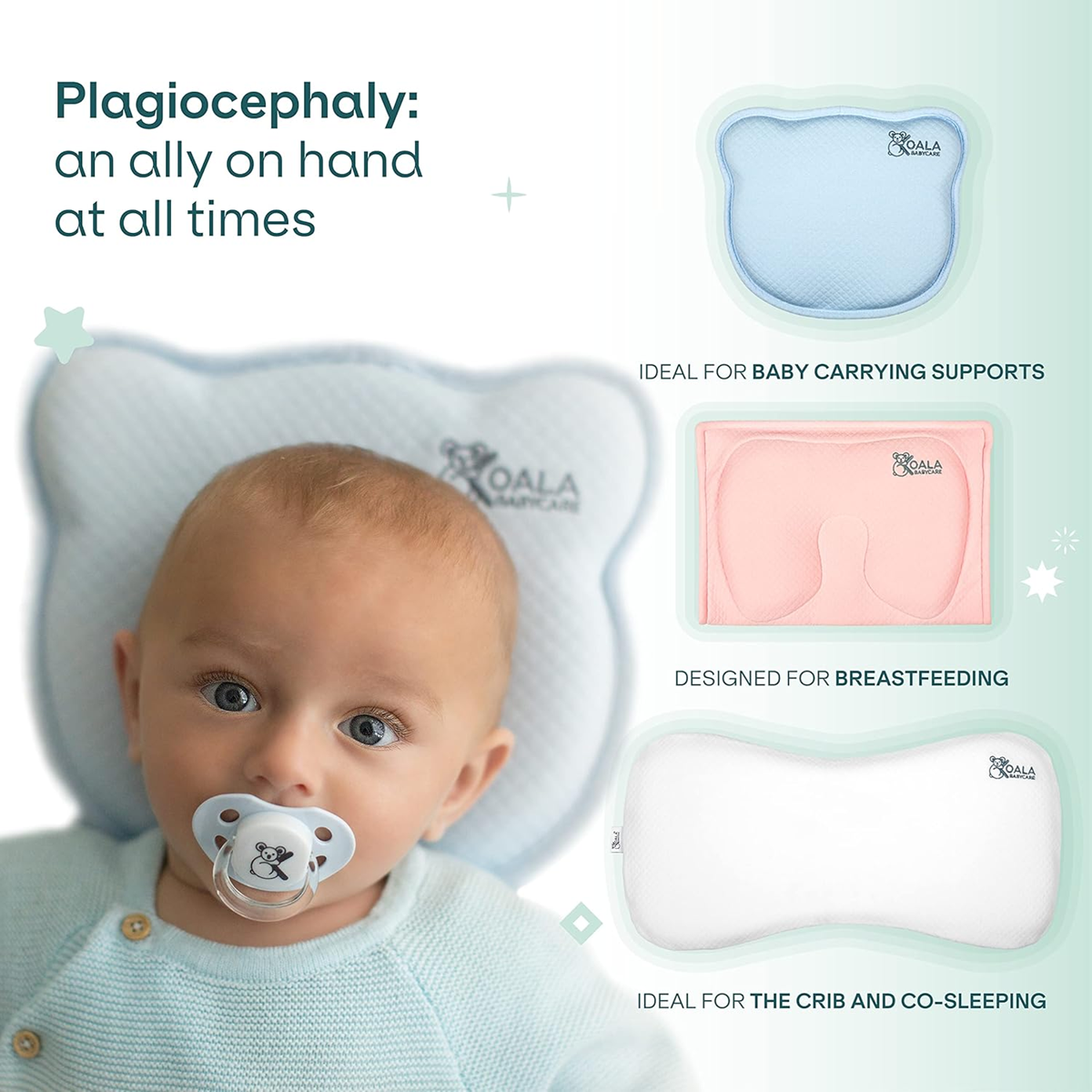 KOALA BABYCARE cuscino per neonati + federa PREVIENE la plagiocefalia