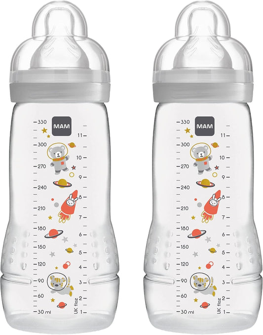 MAM Easy Active zestaw butelek 330 ml 4 m+ smoczek 2 KOSMOS, 2 butelki antykolkowe z miarką