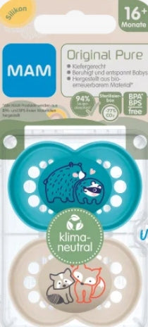MAM ORIGINAL PURE smoczek uspokajający x2 16m+ ortodontyczny silikonowy, BPA/BPS free, 16+ miesięcy