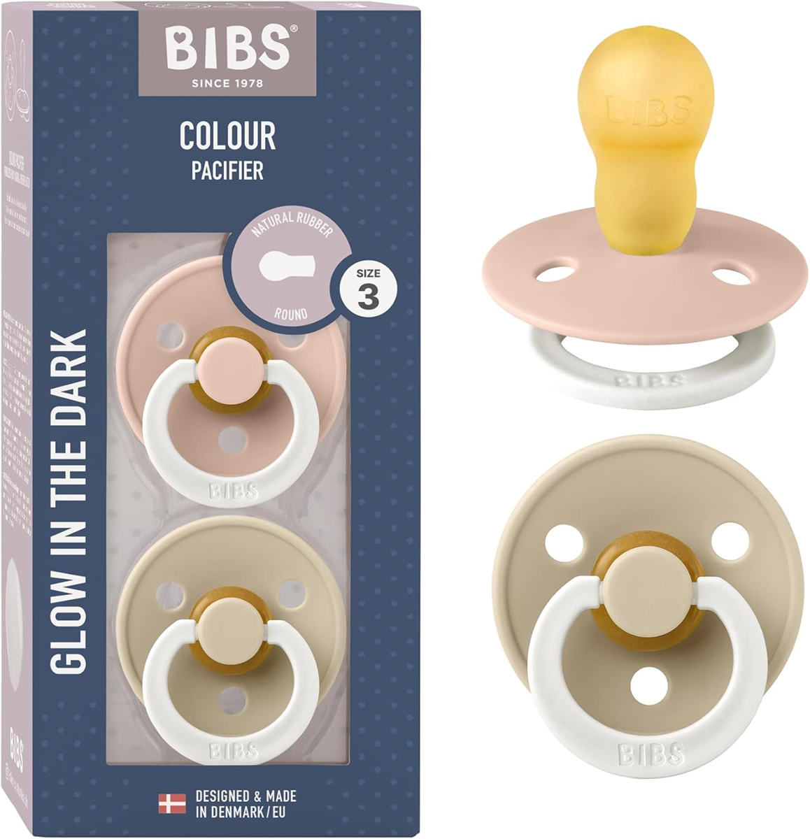 BIBS 2 smoczki kauczukowe, okrągłe, świecące w ciemności