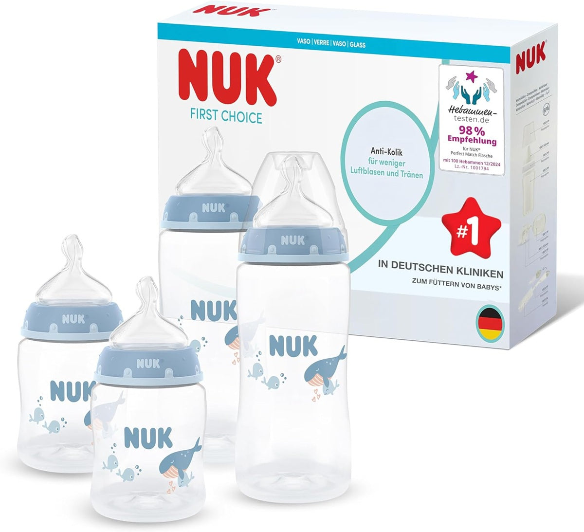 NUK First Choice zestaw 4x butelka 150/300 ml smoczki S/M 0-3m+ WIELORYB, zestaw z motywem wieloryba