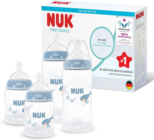 NUK First Choice sada 4× lahví 150/300 ml, savičky S/M 0–3 m+ VELRYB