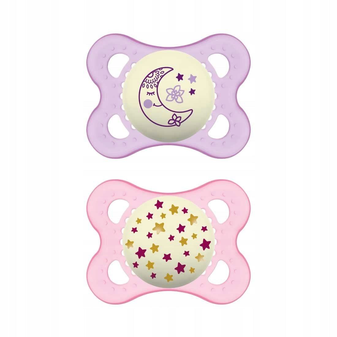 MAM ORIGINAL NIGHT smoczek x2 2-6m świecący KAUCZUK, ortodontyczny, różowy i fioletowy