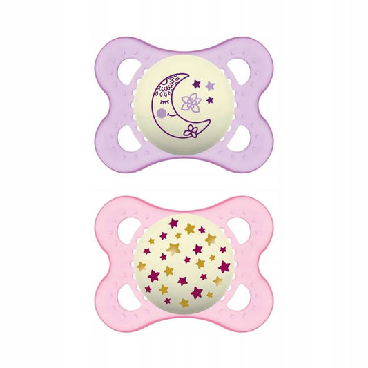 MAM ORIGINAL NIGHT smoczek x2 2-6m świecący KAUCZUK, ortodontyczny, różowy i fioletowy