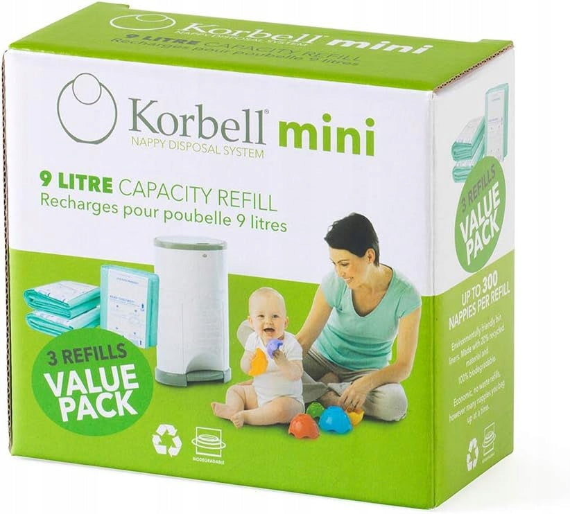 KORBELL wkłady do pojemnika na pieluchy 9L 3x MINI, 3 jednorazowe wkłady biodegradowalne