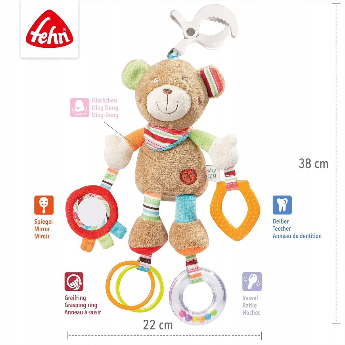 FEHN OSKAR stroller and car seat hanging toy with rattle and grabber