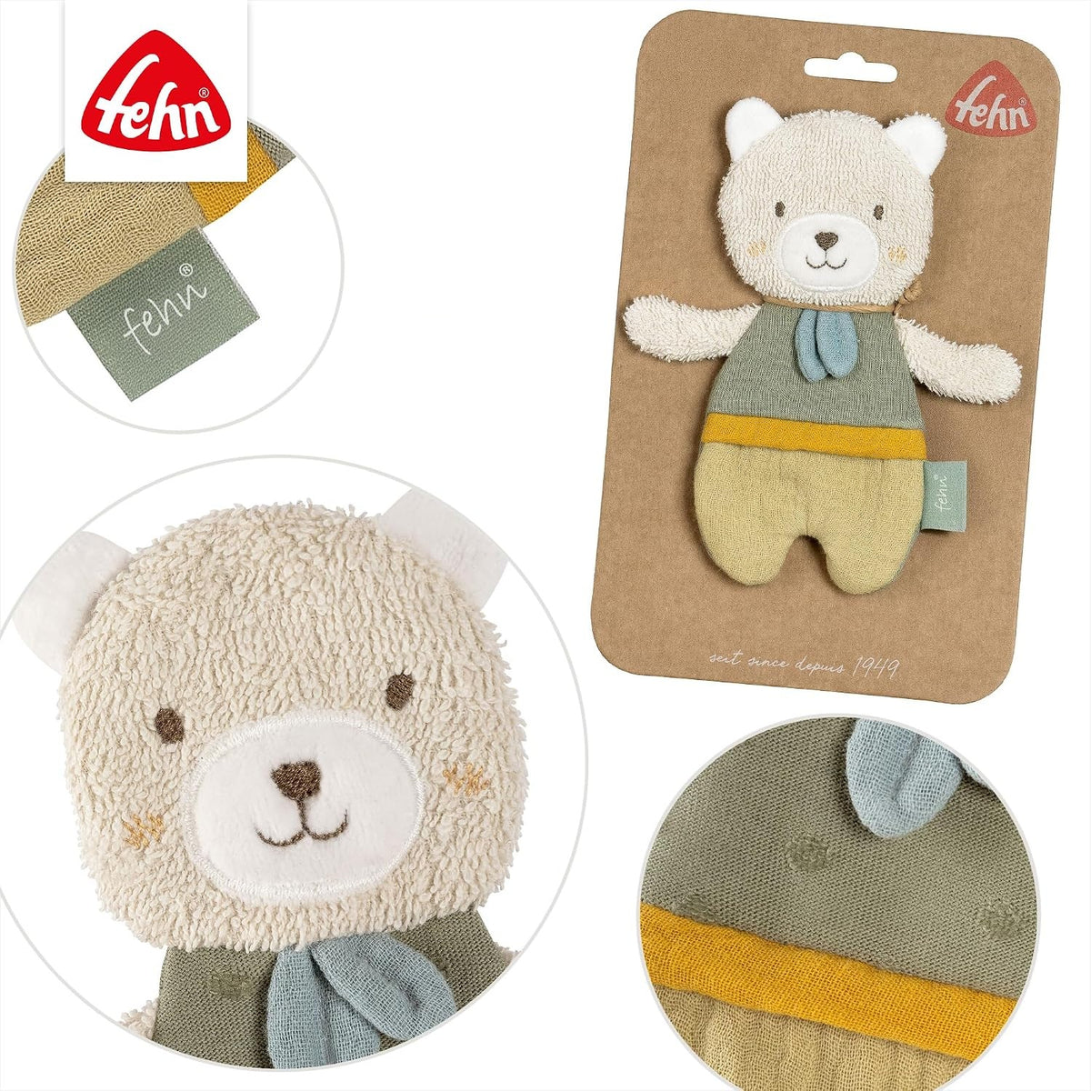 FEHN Natur sonaglio da presa frusciante in cotone biologico ORSO 17 cm