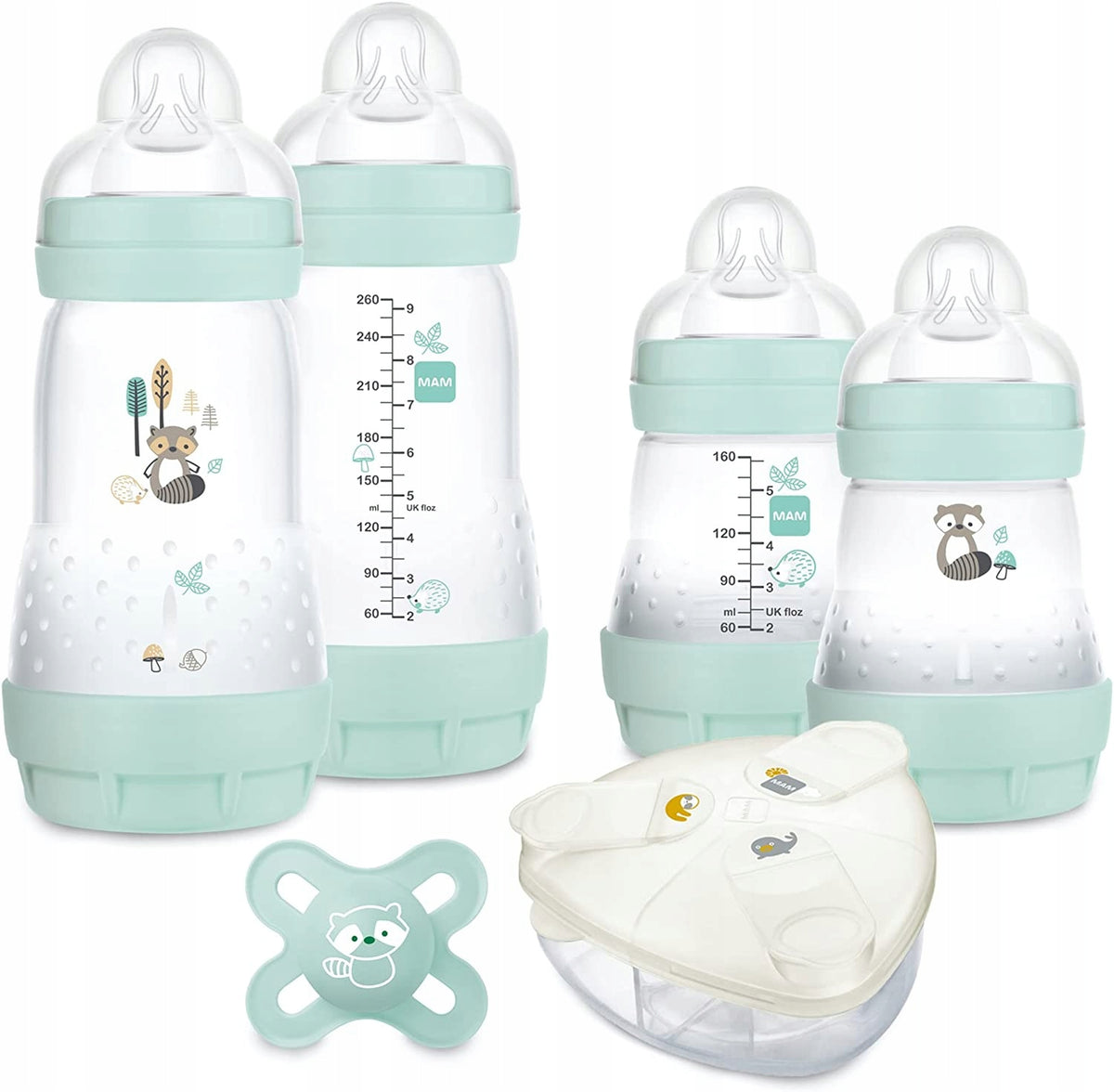 MAM Easy Start zestaw Anti-Colic 6el. butelki, pojemnik na mleko i smoczek uspokajający, miętowy