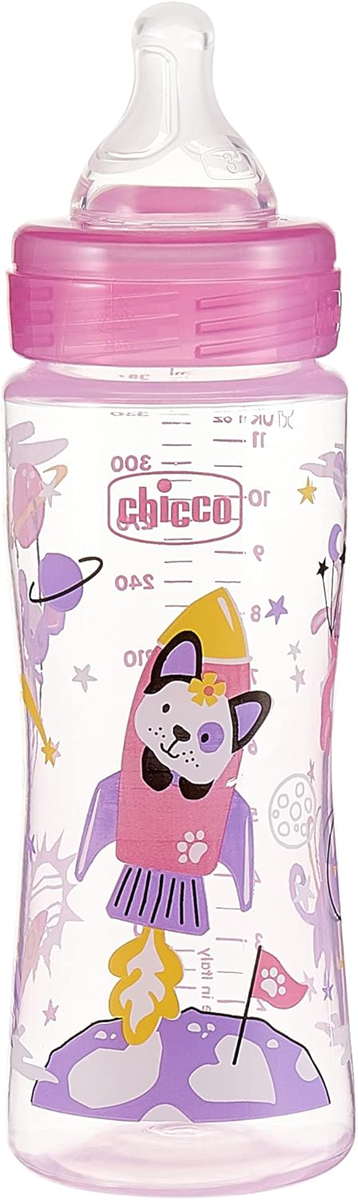 CHICCO butelka Well Being 4m+ 330ml antykolkowa z silikonowym smoczkiem, różowa butelka dla niemowląt