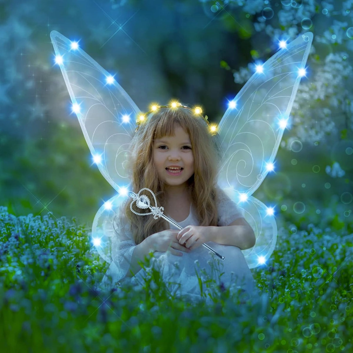 Aripi de zână FORMIZON cu LED-uri + baghetă, coroniță, urechi 46 x 65 cm