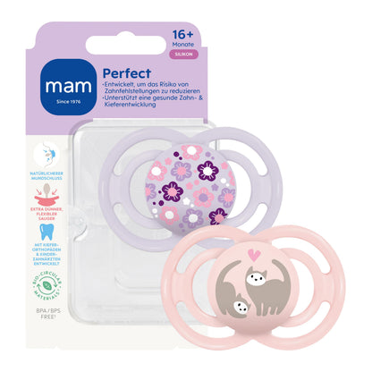 MAM Perfect smoczek uspokajający silikonowy 16m+ x2, ortodontyczny, z cienką szyjką dla zdrowego rozwoju zębów i szczęki