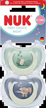 NUK First Choice Night smoczki uspokajające 6-18 mies. ortodontyczny smoczek uspokajający z elementem ułatwiającym odnalezienie w nocy