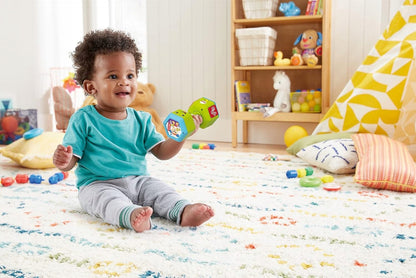FISHER-PRICE interaktywny hantel grzechotka dźwięki światło J. NIEMIECKI dla niemowląt, zielony, muzyka i światła