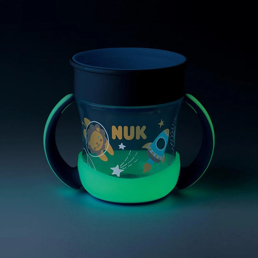 NUK Mini Magic Cup kubek niekapek świecący w ciemności 360° 160 ml 6 m+ z uchwytami i motywem kosmicznym