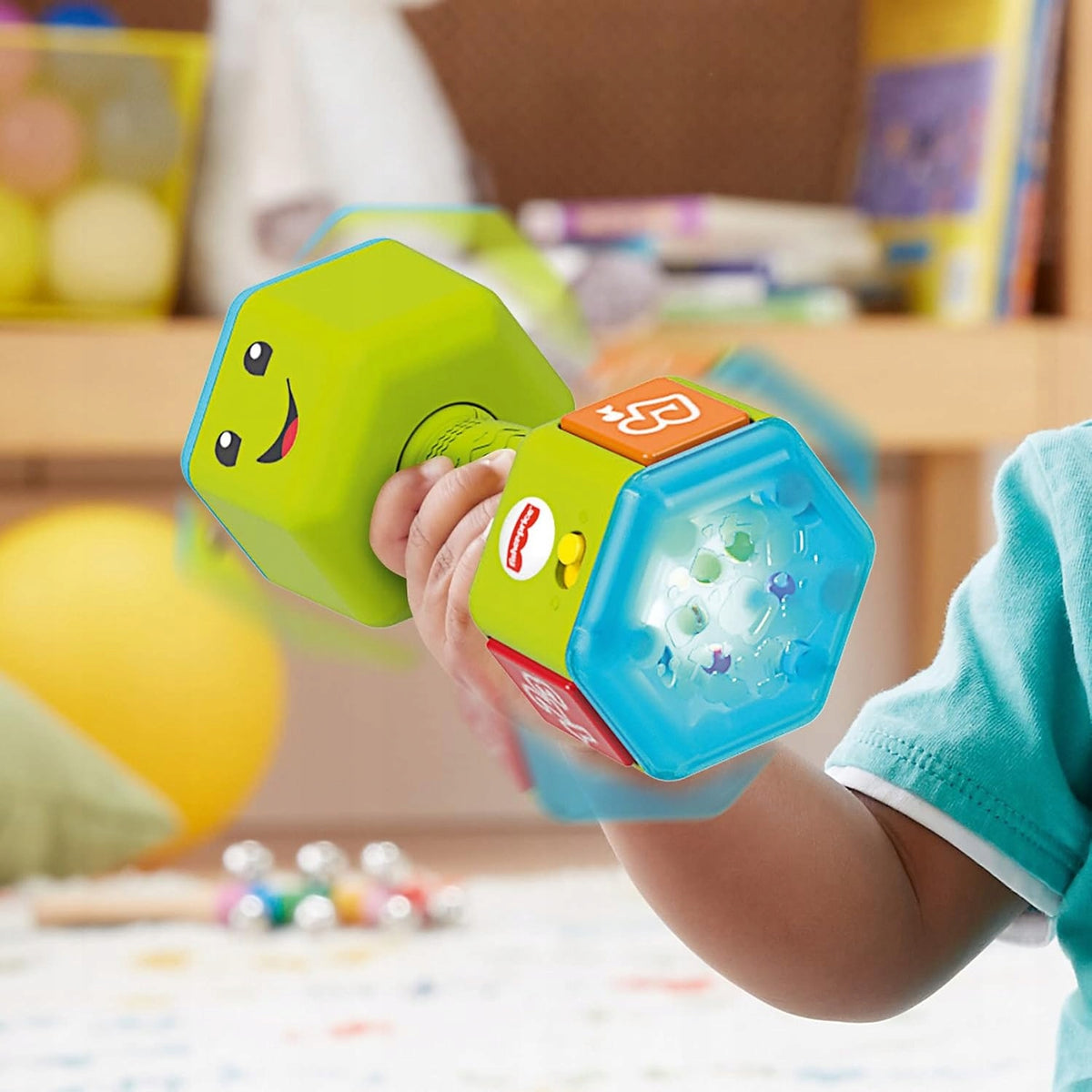 FISHER-PRICE interaktywny hantel grzechotka dźwięki światło J. NIEMIECKI, zielony dla dzieci 6 m+