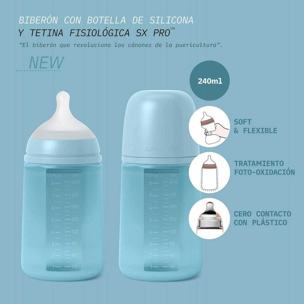 SUAVINEX SelectionSilicone bottle 240 ml with symmetrical teat SX PRO Anti-Colicage 3 months +BPA and BPS