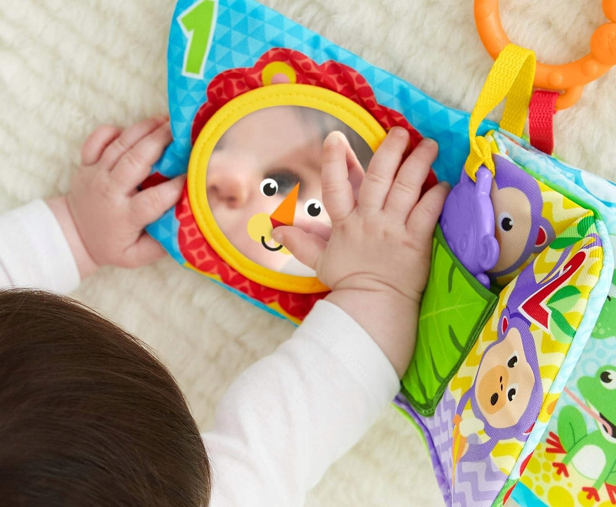 FISHER-PRICE FGJ40 książeczka sensoryczna aktywizująca ZAWIESZKA, kolorowa książeczka dla niemowląt 0+