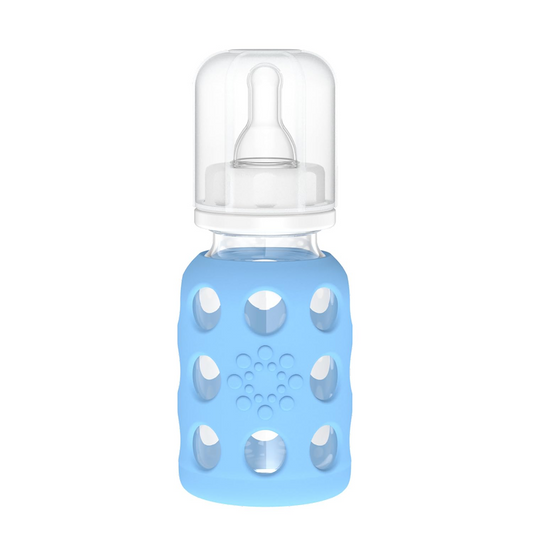LifeFactory szklana butelka z etui 120 ml 3 m+ smoczek 1